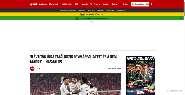 Security scan screenshot of https://www.nemzetisport.hu/labdarugo-nb-i/2026/07/31-ev-utan-ujra-talalkozik-egymassal-az-ftc-es-a-real-madrid-hivatalos