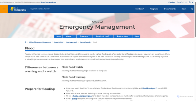 Security scan screenshot of https://www.phila.gov/departments/oem/ready-or-not/how-to-get-ready/natural-hazards/flood/