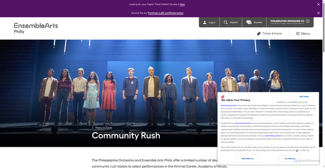 Security scan screenshot of https://www.ensembleartsphilly.org/tickets-and-events/ways-to-save/community-rush
