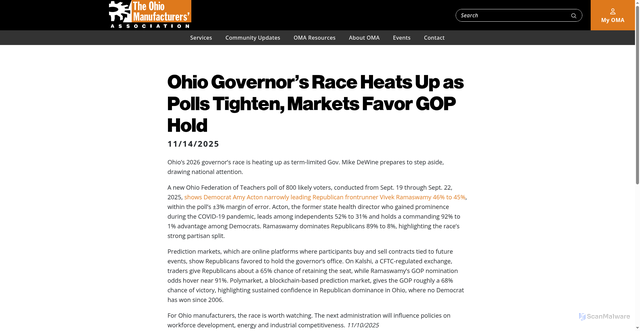 Security scan screenshot of https://www.ohiomfg.com/our-communities/ohio-governors-race-heats-up-as-polls-tighten-markets-favor-gop-hold/