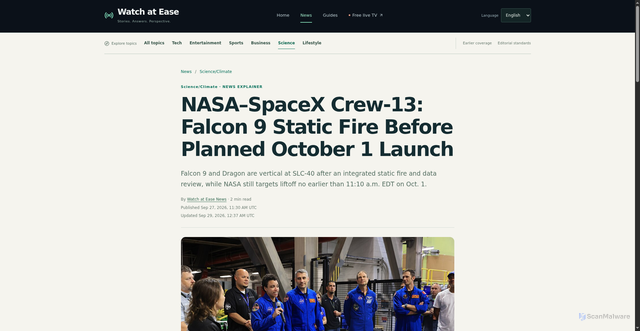 Security scan screenshot of https://watchatease.com/news/nasa-spacex-crew-13-arrives-kennedy-october-1-launch?lang=en