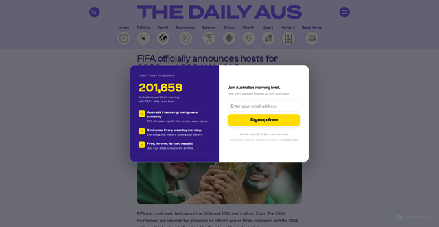 Security scan screenshot of https://www.thedailyaus.com.au/sport/fifa-officially-announces-hosts-for-2030-and-2034-world-cup