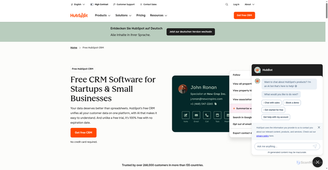 Security scan screenshot of https://www.hubspot.com/products/crm