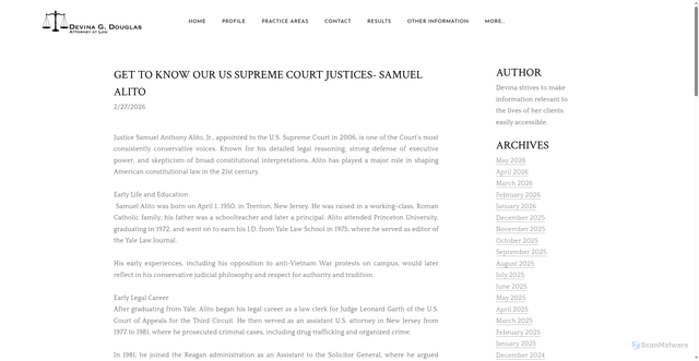 Security scan screenshot of https://www.devinadouglaslaw.com/devinas-blog/get-to-know-our-us-supreme-court-justices-samuel-alito