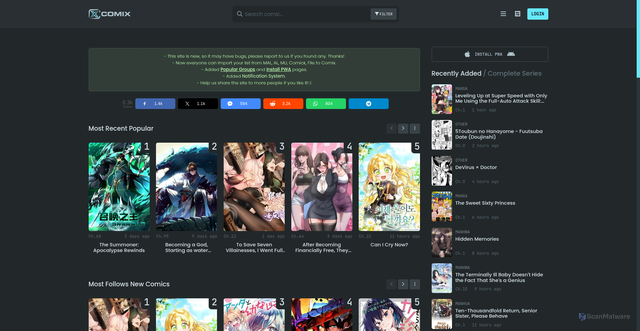 Security scan screenshot of https://comix.to/home