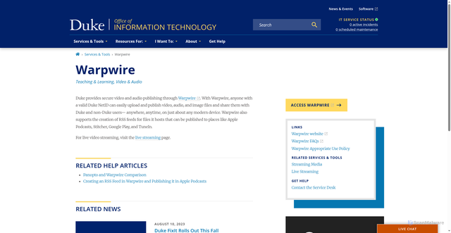 Security scan screenshot of https://warpwire.duke.edu