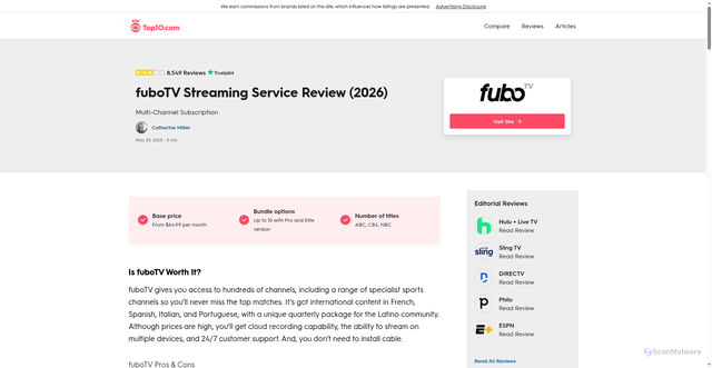 Security scan screenshot of https://www.top10.com/tv-services/reviews/fubotv