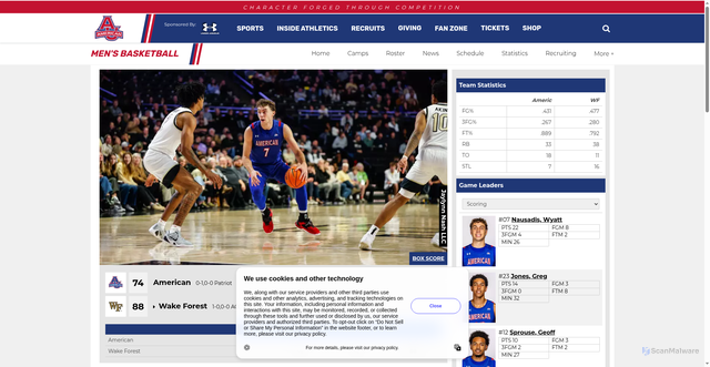 Security scan screenshot of https://aueagles.com/news/2025/11/3/nausadis-scores-career-high-22-as-mens-basketball-drops-season-opener-at-wake-forest.aspx