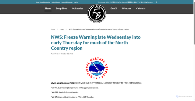 Security scan screenshot of https://flackbroadcasting.com/news/nws-freeze-warning-late-wednesday-into-early-thursday-for-much-of-the-north-country-region