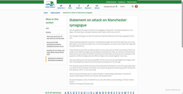 Security scan screenshot of https://www.towerhamlets.gov.uk/News_events/2025/October/Statement-on-attack-on-Manchester-synagogue.aspx