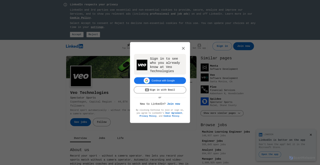 Security scan screenshot of https://www.linkedin.com/company/veo-technologies/?utm_source=ActiveCampaign&utm_medium=email&utm_content=Choose%20a%20FREE%20add-on&utm_campaign=Campaign%3A%20CFA26%20-%20Email%201%20%28ROW%29