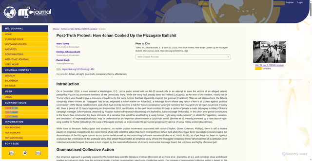 Security scan screenshot of https://www.journal.media-culture.org.au/index.php/mcjournal/article/view/1422