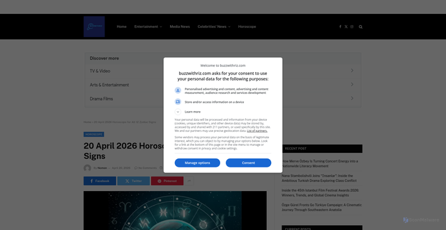 Security scan screenshot of https://buzzwithriz.com/20-april-2026-horoscope-12-zodiac-signs-love-career-luck/