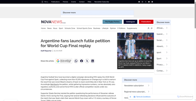Security scan screenshot of https://novanews.co.za/argentina-fans-petition-world-cup-final-replay-spain-fifa-change-org/