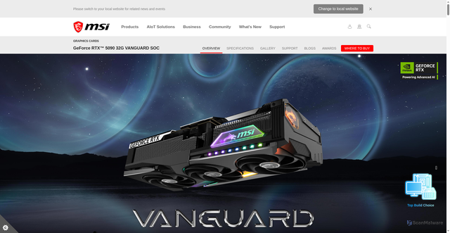 Security scan screenshot of https://www.msi.com/Graphics-Card/GeForce-RTX-5090-32G-VANGUARD-SOC