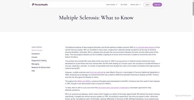 Security scan screenshot of https://picnichealth.com/resources/diseases/multiple-sclerosis
