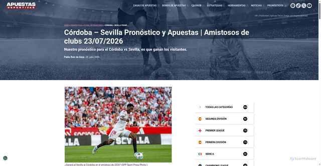 Security scan screenshot of https://www.apuestas-deportivas.es/pronostico/cordoba-sevilla-pronostico-amistosos-de-clubs-23-07-2026/
