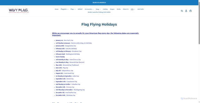 Security scan screenshot of https://wavyflag.net/pages/flag-flying-holidays?srsltid=AfmBOoqJGqv4tBLXXIPKJCOCZM5fcz2nISQzjV8FvPNgO90Zh9NHvW2Z