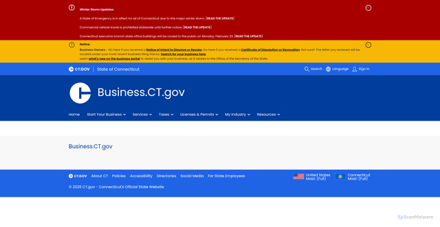 Security scan screenshot of https://service.ct.gov/business/s/article/Governor-Lamont-s-Daily-News-Briefings