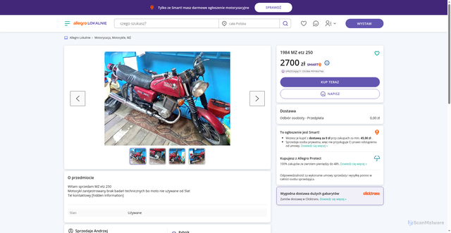 Security scan screenshot of https://allegrolokalnie.aukcja758487593.top/oferta/1984-mz-etz-250/80344