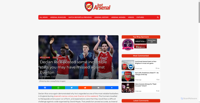 Security scan screenshot of https://www.justarsenal.com/declan-rice-posted-some-incredible-stats-you-may-have-missed-against-everton/406524