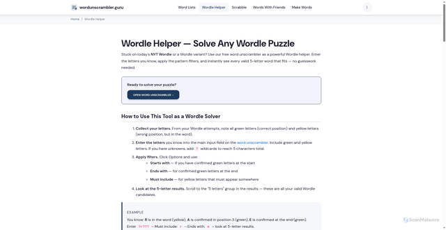 Security scan screenshot of https://wordunscrambler.guru/wordle-helper