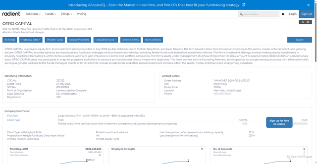 Security scan screenshot of https://radientanalytics.com/firm/adv/otro-capital-327232