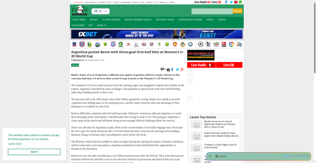 Security scan screenshot of https://tv.nigeriasoccernet.com/argentina-punish-benin-with-three-goal-first-half-blitz-at-womens-u-20-world-cup