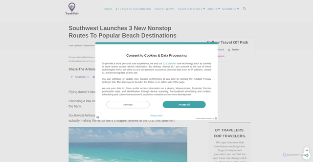 Security scan screenshot of https://www.traveloffpath.com/southwest-launches-3-new-nonstop-routes-to-popular-beach-destinations/