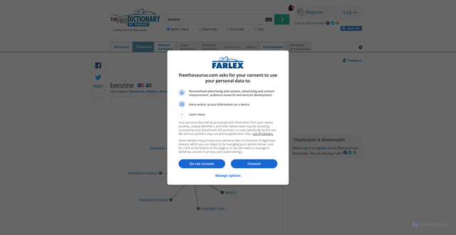 Security scan screenshot of https://www.freethesaurus.com/benzine