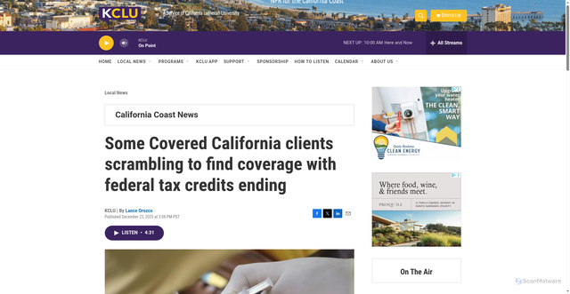 Security scan screenshot of https://www.kclu.org/local-news/2025-12-23/some-covered-california-clients-scrambling-to-find-coverage-with-federal-tax-credits-ending