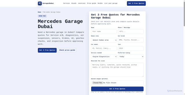 Security scan screenshot of https://garagedubai.pages.dev/mercedes-garage-dubai/