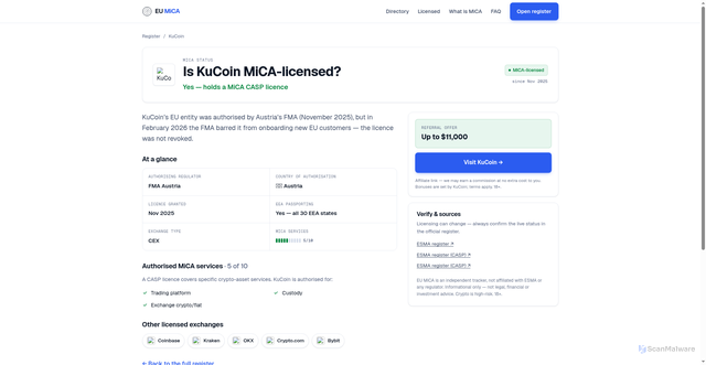 Security scan screenshot of https://eumica.com/exchange/kucoin