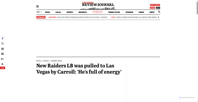 Security scan screenshot of https://www.reviewjournal.com/sports/raiders/new-raiders-lb-was-pulled-to-las-vegas-by-carroll-hes-full-of-energy-3408670/