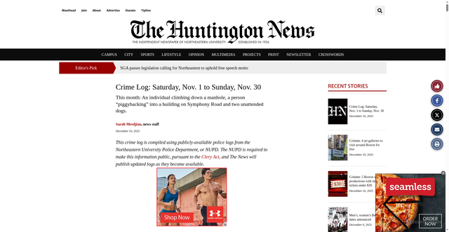 Security scan screenshot of https://huntnewsnu.com/90280/crime-logs/crime-log-saturday-nov-1-to-sunday-nov-30/