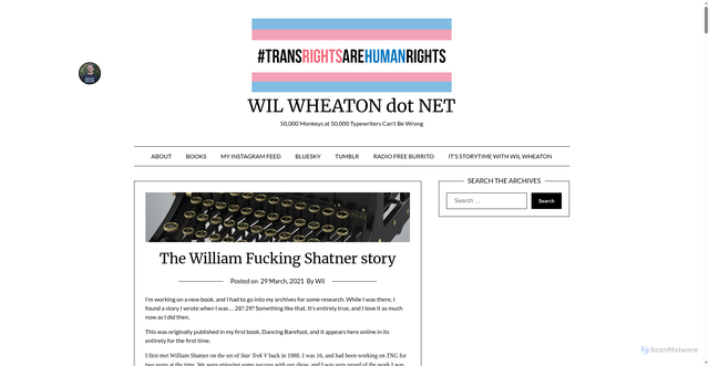 Security scan screenshot of https://wilwheaton.net/2021/03/the-william-fucking-shatner-story/