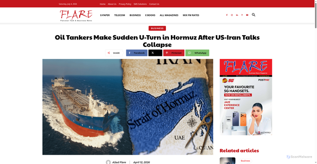Security scan screenshot of https://flare.pk/2026/04/oil-tankers-hormuz-u-turn/