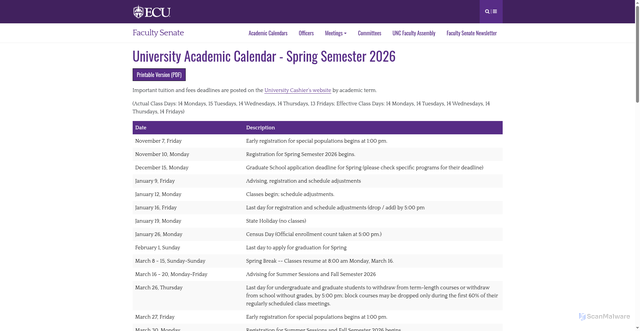 Security scan screenshot of https://facultysenate.ecu.edu/academic-calendars-2/spring-2026/