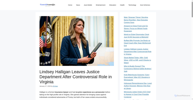 Security scan screenshot of https://gamcshivamogga.in/lindsey-halligan-leaves-justice-department-after-controversial-role-in-virginia/