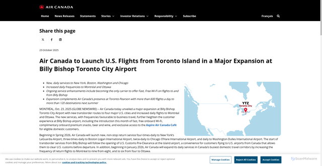 Security scan screenshot of https://www.aircanada.com/media/air-canada-to-launch-us-flights-from-toronto-island-in-a-major-expansion-at-billy-bishop-toronto-city-airport/