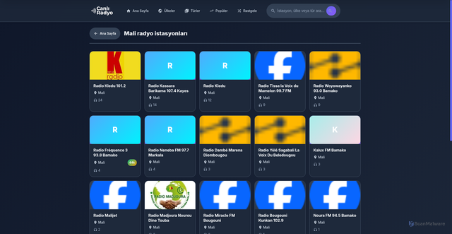 Security scan screenshot of https://radyocanlidinle.com/index.php?view=country&country=Mali