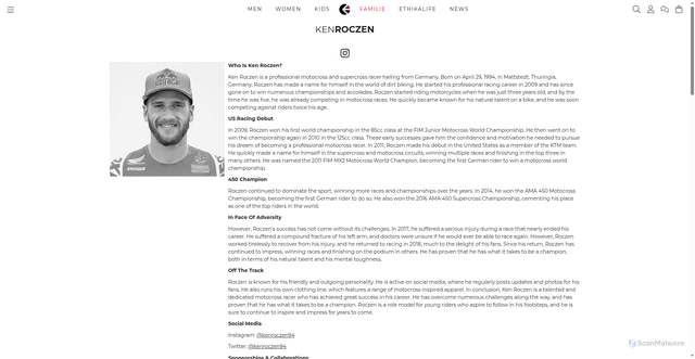 Security scan screenshot of https://www.ethika.com/the-familie/ken-roczen?srsltid=AfmBOoqcuh-jo5lRapBnvc3viN3igq2wLMpuK4RbEe05QSt19LE_YNSx