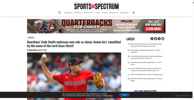 Security scan screenshot of https://sportsspectrum.com/sport/baseball/2025/08/18/guardians-cade-smith-closer-sanctified-lord-jesus/