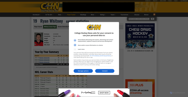 Security scan screenshot of https://www.collegehockeynews.com/players/career/Ryan-Whitney/24532