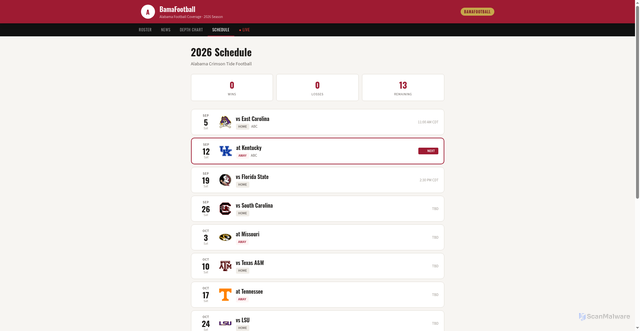 Security scan screenshot of https://bamafootballroster.com/schedule.html