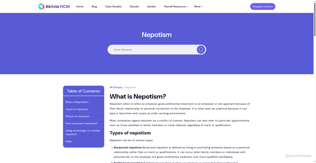 Security scan screenshot of https://akriviahcm.com/resources/hr-glossary/nepotism