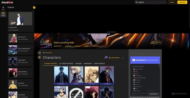 Security scan screenshot of https://solo-leveling.fandom.com/wiki/Characters