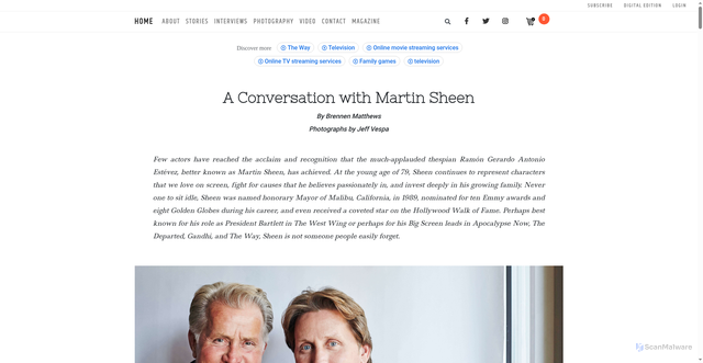 Security scan screenshot of https://www.routemagazine.us/stories/a-conversation-with-martin-sheen