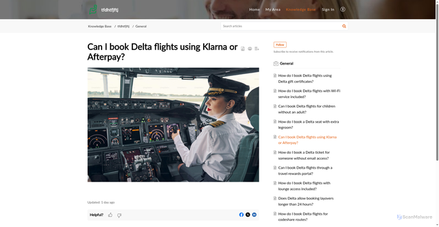 Security scan screenshot of https://tfdhtfjftj.zohodesk.com/portal/en/kb/articles/can-i-book-delta-flights-using-klarna-or-afterpay