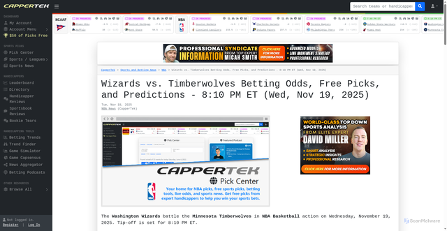 Security scan screenshot of https://www.cappertek.com/article.asp?a=wizards-vs-timberwolves-betting-odds-free-picks-and-predictions-11-19-2025-391842